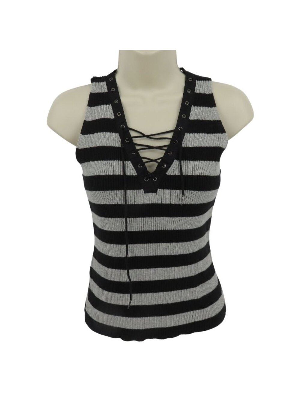 Y2K DKNY Jeans Women Medium Black Gray Ribbed V Neck Lace Up Tank Top Shirt